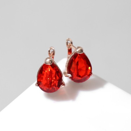 Earrings with rhinestones "Edel" drop ideal, red color in pink gold-1