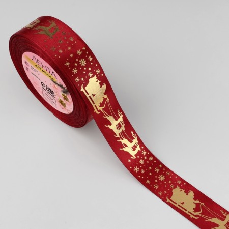 A satin tape with embossing "Deer in the harness", 25 mm, 23 ± 1 m, red color/gold No. 33-1