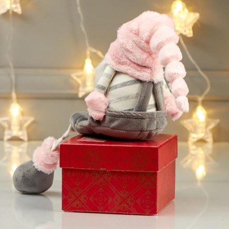 Interior doll "Grandpa in the gray overalls and pink cap" 39x17x11 cm-3
