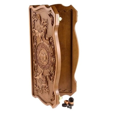 Wooden backgammon large, carved, board game "King of animals", Beech, Patina, 60 x 60 cm-1
