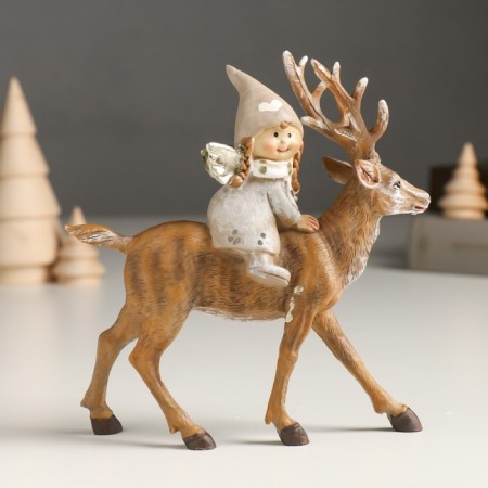Souvenir Polystone "Baby-Angel in a gray outfit, riding on a deer" 5.5x14x14.5 cm