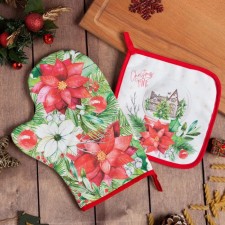 Kit kitchen Christmas Red Flowers mittens of 20x28cm, 19x19cm severity, 100% cotton