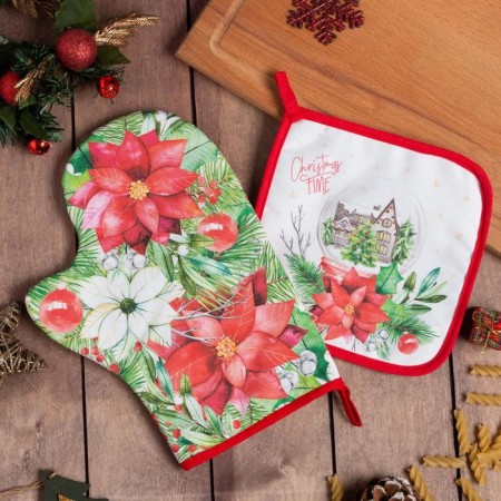 Kit kitchen Christmas Red Flowers mittens of 20x28cm, 19x19cm severity, 100% cotton