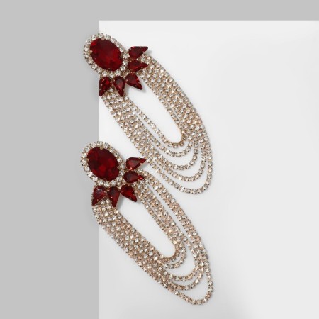 Earrings with “Party” rhinestones, 5 rows, red-white color in gold-1