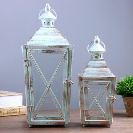Climber metal, glass "flashlight" blue with a patina set 2 pcs 28x12x12; 38x16x15 cm-1