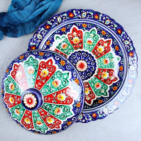 Блинница Риштанская Керамика "Цветы", 37 см, под крышкой 28 см, синий-2
