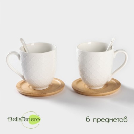 Ceramic tea set on the Bellatenero bamboo stand, 6 objects: 2 cups 350 ml, 2 wooden saucers d = 12 cm, 2 spoons, white color