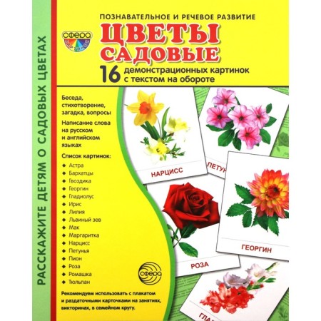 A set of cards. Garden flowers. 16 demonstration pictures