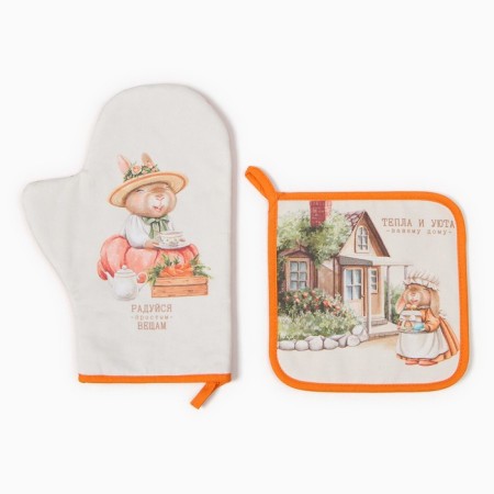 Set of kitchen. Ethel "Rabbits" mittens-seging 20x28cm, 19x19cm wax, 100% HL-1