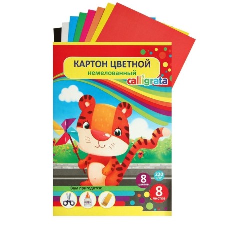 Cardboard of color A3, 8 sheets, 8 colors "Tiger", non -220 g/m2, in the folder-6
