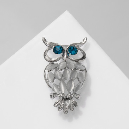 Brooch "Owl", white-blue color in silver-2