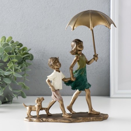 Polystone souvenir "Children walk under an umbrella, with a puppy" Bronze 18x9.5x21.5 cm