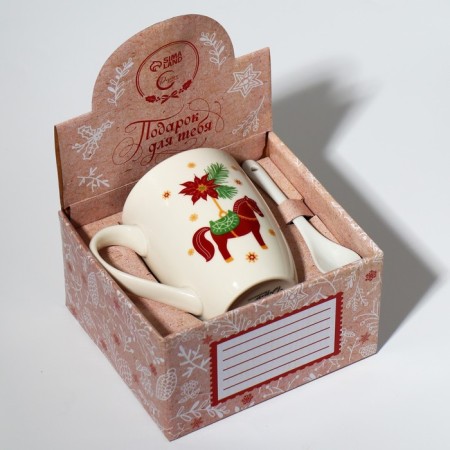 Ceramic mug with a spoon "New Year's toys", 310 ml, white color-5