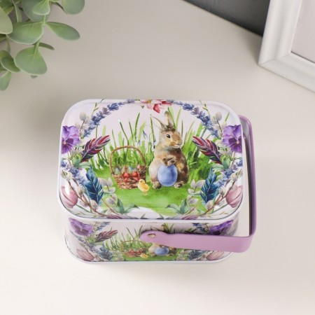 Casket Metal with a handle "Rabbit with a chicken" 10.5x7.8x6.4 cm-2