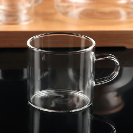 Tea kit on an eco wooden stand, 7 items: glass kettle with a sieve 900 ml, mugs 6 pcs, 100 ml-1