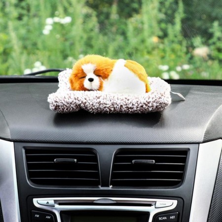 A toy on a car panel, a dog on a pillow, a white-red color-2