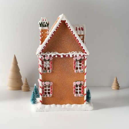 Souvenir Polystone Light "Gingerbread House in the Glaze with Gingerbread, Fir trees" 17x12x25.5 cm-5