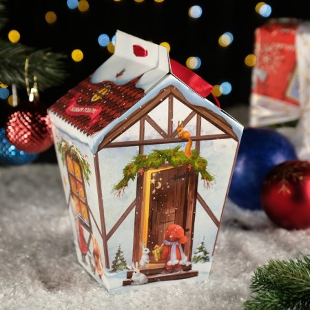 Gift box "Festive house" beige with a bow, 14 x 14 x 21.3 - 9.6 x 9.6 x 22 cm-3