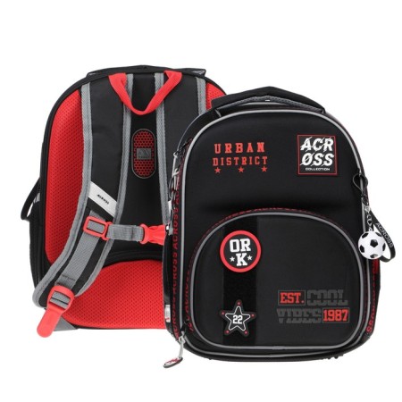 Frame backpack 37 x 28 x 12 cm, Across 194, filling: bag, pencil case, dark gray/red ACR22-194-5