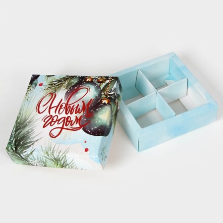 New Year. Box for 4 sweets, "Christmas toys", 12.6 x 12.6 x 3.8, confectionery packaging-4