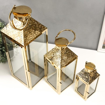 Summary Metal, glass Lantern "Romb" gold NR 3 pcs 55x18x18 37.5x14.5x14.5 26x10x10cm-2