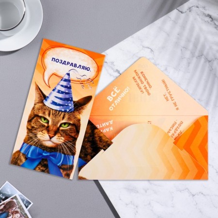 Money envelope "Congratulations!" Cat, cap, 16.5x8 cm-1