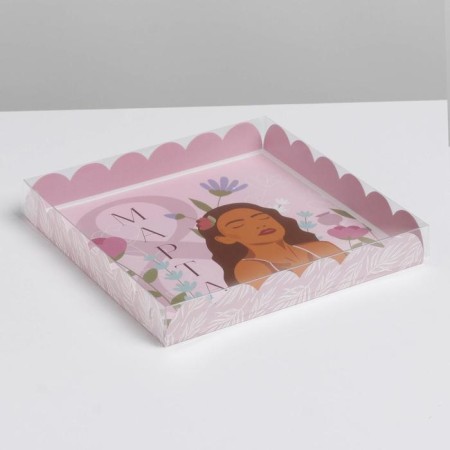 Cookie box, confectionery packaging with PVC lid, “March 8”, 21 x21 x 3 cm