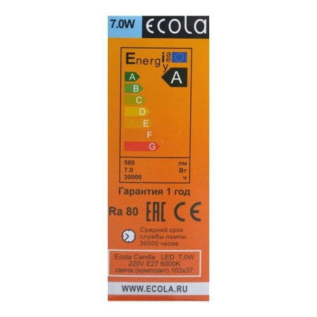 LED LED ECOLA "Candle", E27, 7 W, 6000 K, 103x37 mm-1