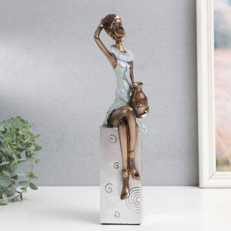 Souvenir Polystone "African with a jug, on the stand" Silver Pattern - circles 10.5x8x33.5 cm-3