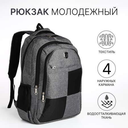 Youth backpack from textiles, 2 departments, 4 pockets, gray color