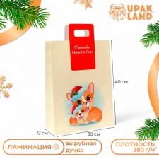 Пакет подарочный новогодний с вырубной ручкой "Корги" 30 х 40 х 12 см.