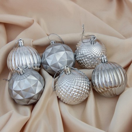 Set of balls plastic D-6 cm, 6 pcs "Prism" silver