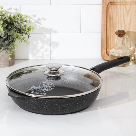 Pan, d = 26 cm, removable handle, glass cover, anti -stick coating, dark marble color-11