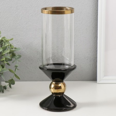 Ceramics candlestick, glass for 1 candle "parallels" d = 7.5 cm black with gold 9.5x9.5x24 cm-1
