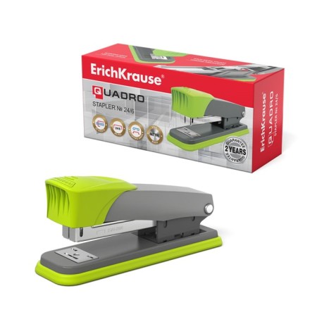 Степлер ErichKrause Quadro Half-strip № 24/6, до 30 листов, антистеплер, серо-зелёный