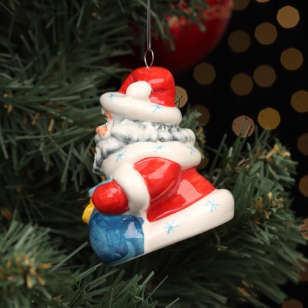 Fir -tree porcelain toy "Santa Claus with a clock", Red fur coat, 8 cm-1