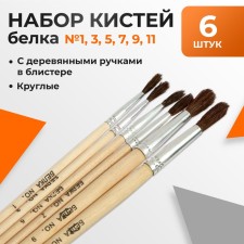 Set of protein brushes are round 6 pieces (No. 1,3,5,7,9,11) with wooden handles, blister