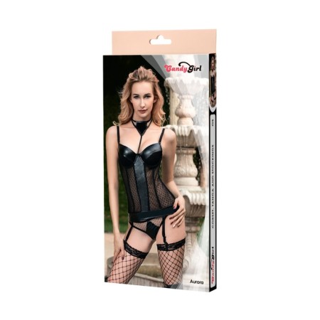 Corset, Tanga and stockings Candy Girl Aurora Black, OS-4