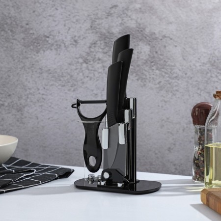 Set of knives on the stand Magistro Black, 4 objects: 3 knife, vegetable cleaning, black color-1