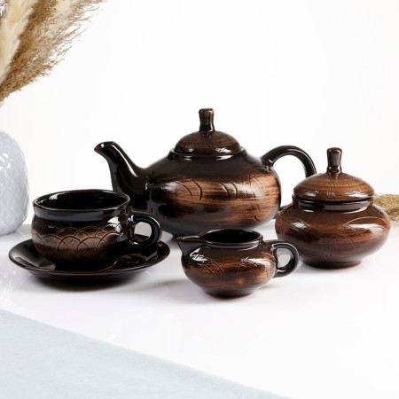 Tea Service "Ornament" old, kettle 1l/ sugar bowl 0.5l/ cream 0.3l/ cup 6x0.25l-2
