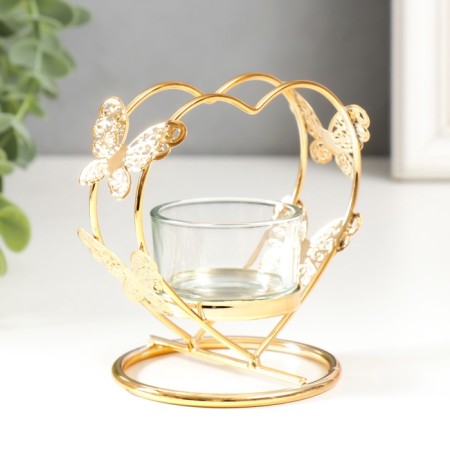Summary metal, glass for 1 candle "Heart with butterflies" d-4 cm gold 7.5x10x10 cm-1