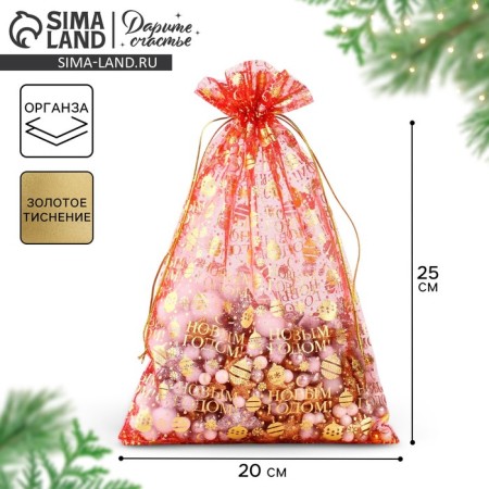 Gift bag “Happy New Year”, organza, red, 20 x 30 cm, new year