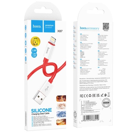Hoco X87, Lightning cable - USB, 2.4 A, 1 m, silicone braid, red-3