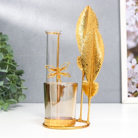 Summary Metal, glass for 1 candle with a vase "Golden feathers" D-5 cm, 7.5x14x19.6 cm-3