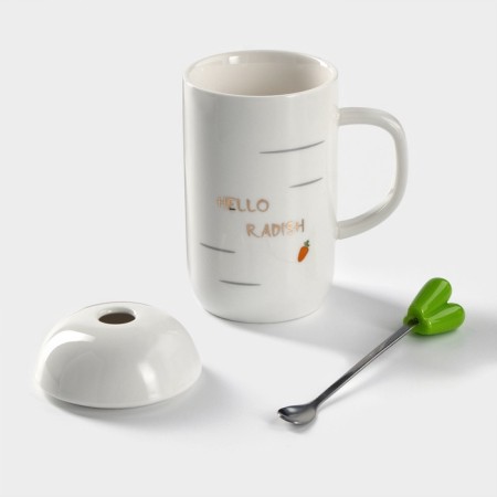Ceramic mug with a lid and a spoon "carrots", 380 ml, white color-1