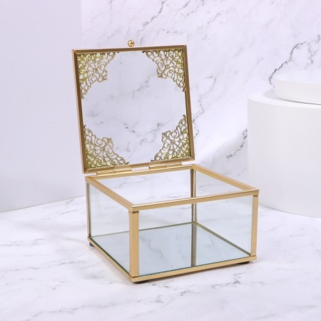 Great organizer for storage, with a lid, glass, with a mirror -bottom, 1 section, 10 × 10 × 6 cm, the color is transparent/copper-5