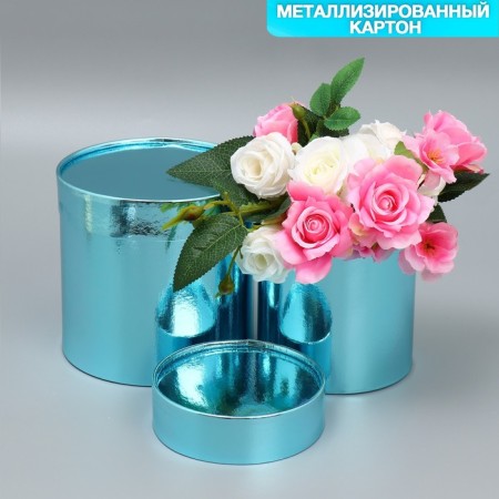 A set of boxes 2 in 1 round, gift packaging, “plain”, blue metallic, 12 x 12, 15 x 15 cm-1