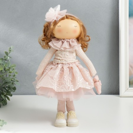 Interior doll "Baby Asya in pink, with a bear" 36x13x15.5 cm