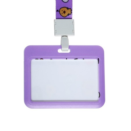Badge horizontal external size 10 x 7.8 cm, internal size 5.2 x 8.2 cm, tape 42 cm, with a drawing "Ducks"