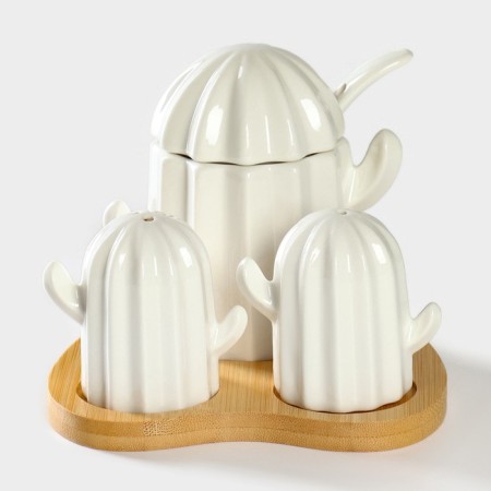 Porcelain set for spices on a bamboo stand Bellatenero "Cacti", 12 × 12.5 × 10 cm, white color-2